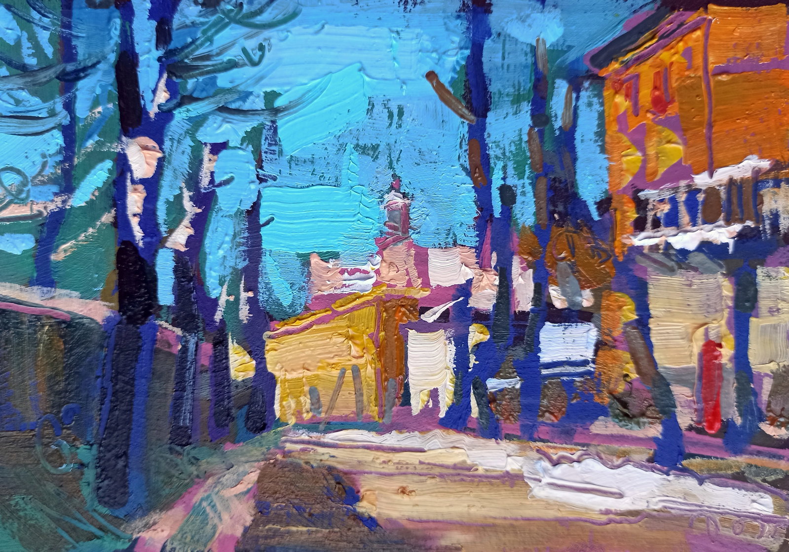 Oil painting Winter silence in the city Viktor Khadzhinov: Title: Oil painting Winter silence in the city Viktor Khadzhinov Description: 63KHADZ Painter: Viktor Khadzhinov Size: 16x12 cm/6.29x4.72 inches Components: oil, cardboard Original painting