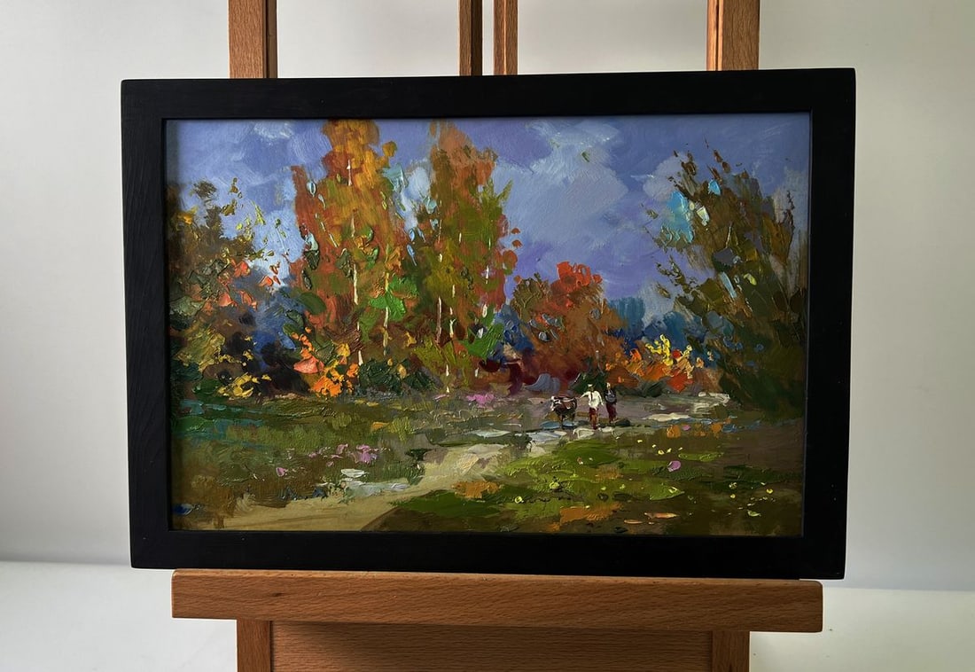 Oil painting Autumn forest Yuriy Suprunchuk: Title: Oil painting Autumn forest Yuriy Suprunchuk Description: No.AAA5699The Oil painting Cardboard titled "Autumn forest" is a radiant and deeply atmospheric depiction of nature in its most colorful