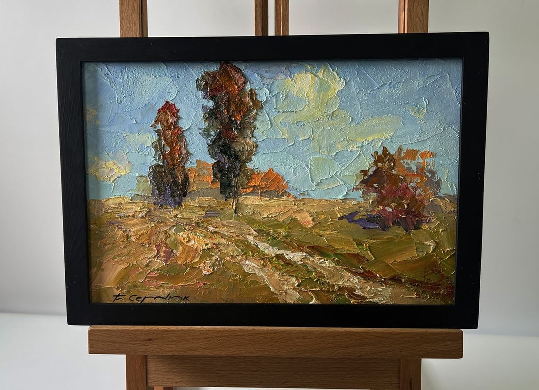 Oil painting Across the autumn field Boris Serdyuk: Title: Oil painting Across the autumn field Boris Serdyuk Description: No.AAA5746The Oil painting Cardboard titled "Across the autumn field" is a vivid and textured portrayal of the quiet majesty of