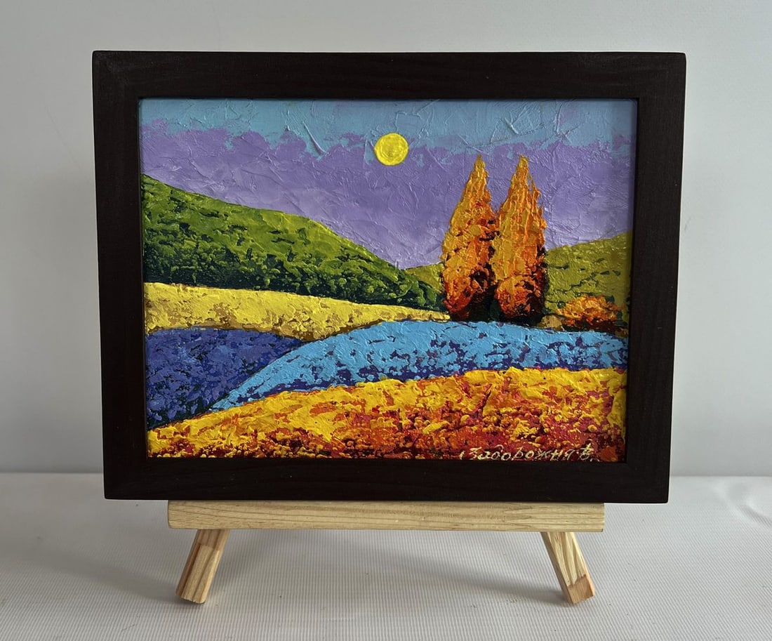 Oil painting Autumn golden fields V. Zadorozhnya: Title: Oil painting Autumn golden fields V. Zadorozhnya Description: No.AAA4573The painting "Autumn Golden Fields" is a captivating oil painting on cardboard that beautifully captures the essence of a