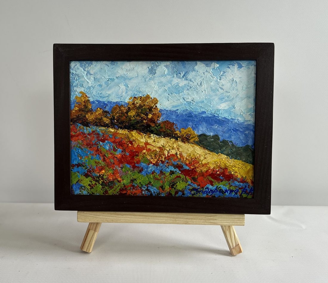 Oil painting Autumn palette of nature V. Zadorozhnya: Title: Oil painting Autumn palette of nature V. Zadorozhnya Description: No.AAA4623This oil painting cardboard is titled "Autumn palette of nature" is a mesmerizing tribute to the rich, fiery colors