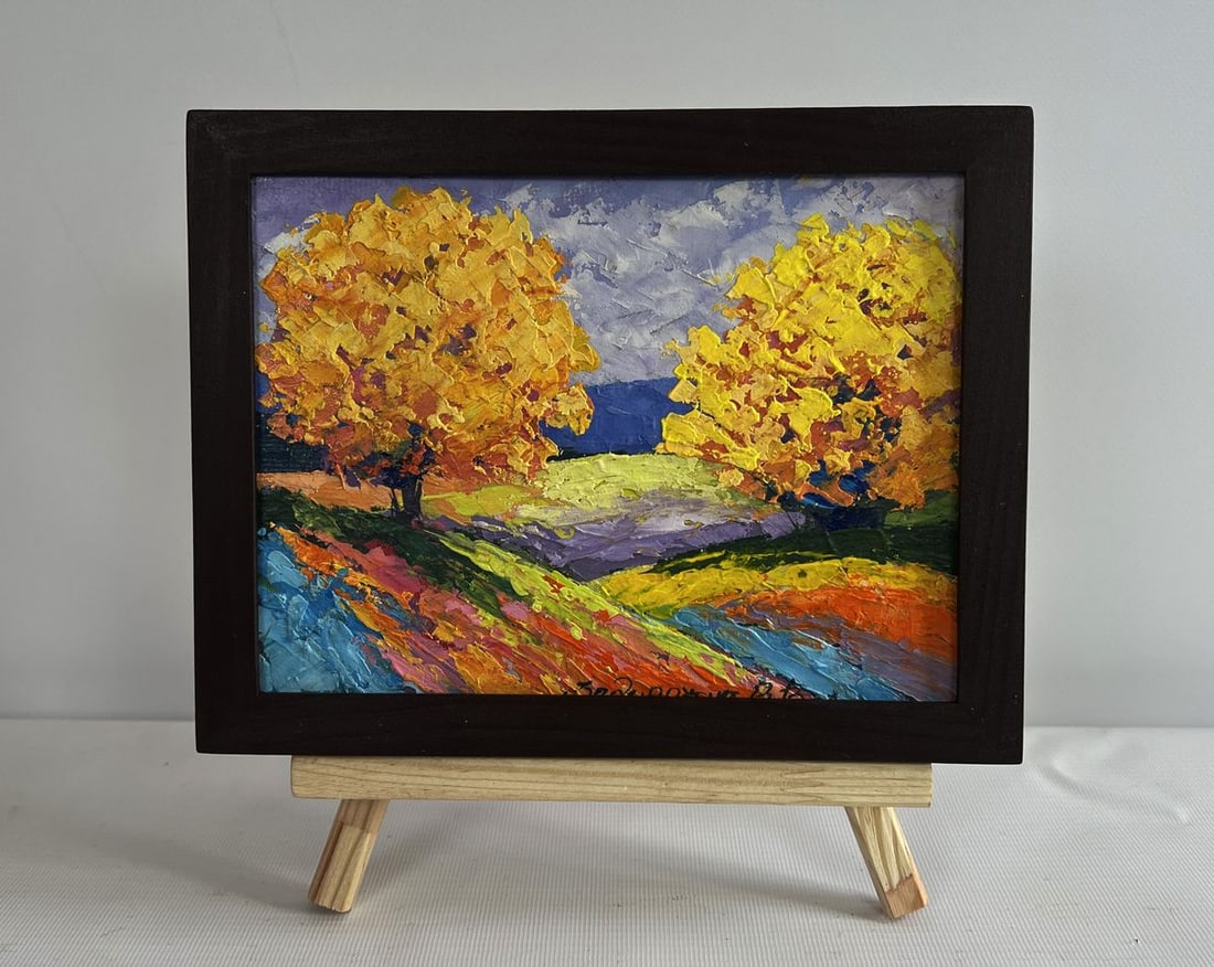 Oil painting Two big trees in a field V. Zadorozhnya: Title: Oil painting Two big trees in a field V. Zadorozhnya Description: No.AAA4629The oil painting on cardboard titled "Two Big Trees in a Field" is a vivid and expressive depiction of a serene
