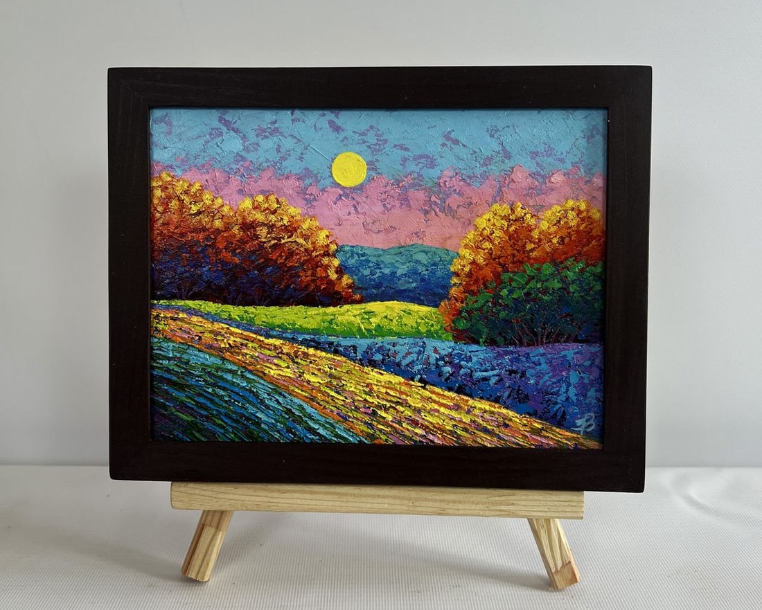 Oil painting Pink gentle sunset V. Zadorozhnya: Title: Oil painting Pink gentle sunset V. Zadorozhnya Description: No.AAA4649The oil painting on cardboard titled "Pink Gentle Sunset" captures the serene and magical moment when the day fades into ev