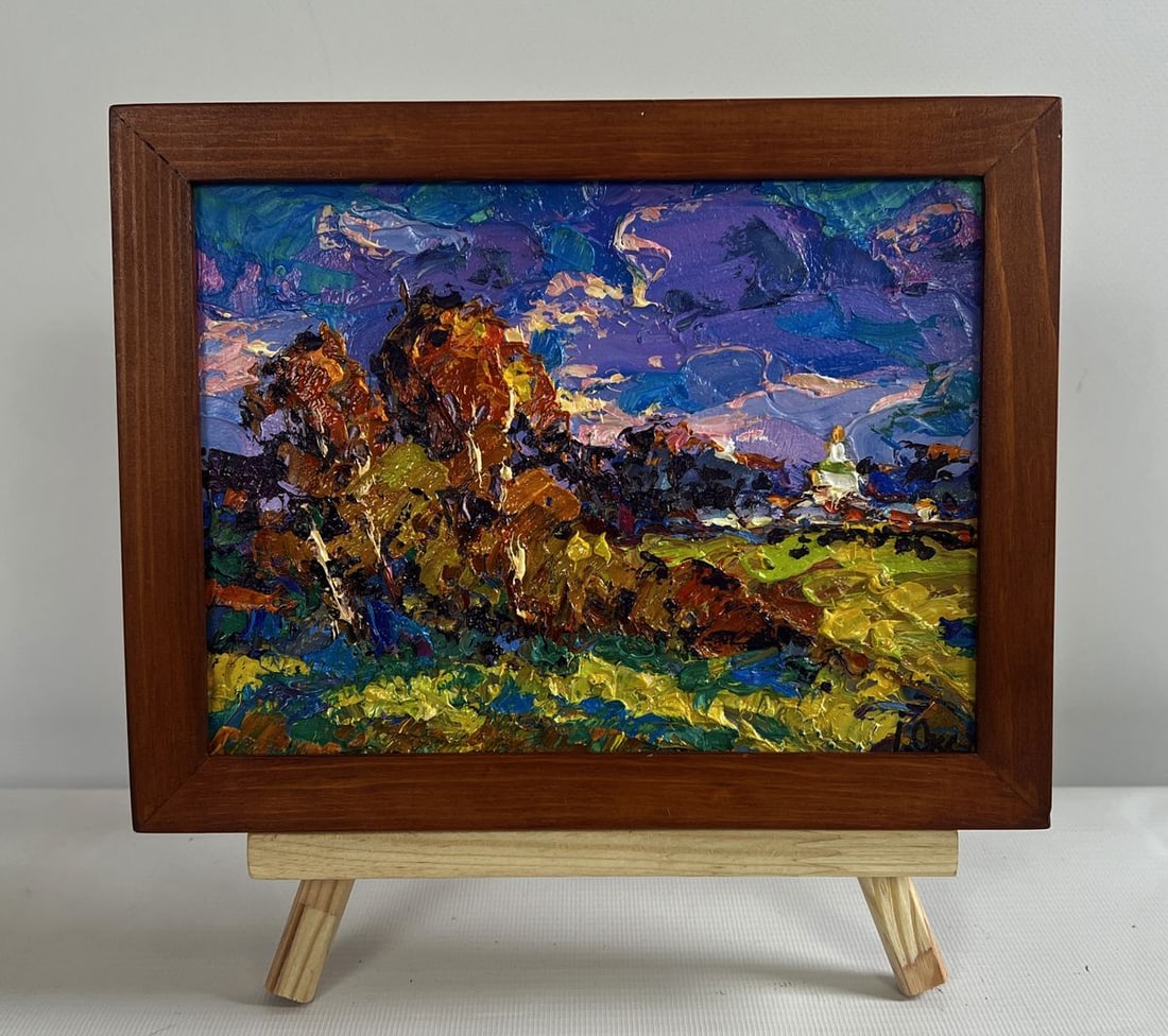 Oil painting Autumn breeze in the forest Oksana Kalenyuk: Title: Oil painting Autumn breeze in the forest Oksana Kalenyuk Description: No.AAA4726The oil painting on cardboard titled "Autumn Breeze in the Forest" beautifully captures the essence of a crisp