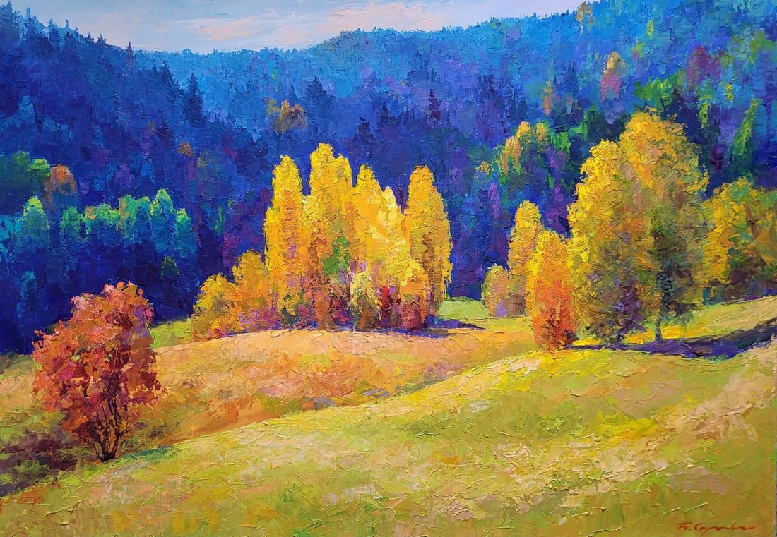 Oil painting Autumn in the Carpathians Boris Serdyuk: Title: Oil painting Autumn in the Carpathians Boris Serdyuk Description: No.SERB 1070"Autumn in the Carpathians" is a resplendent oil painting that captures the fiery palette of fall set against the m