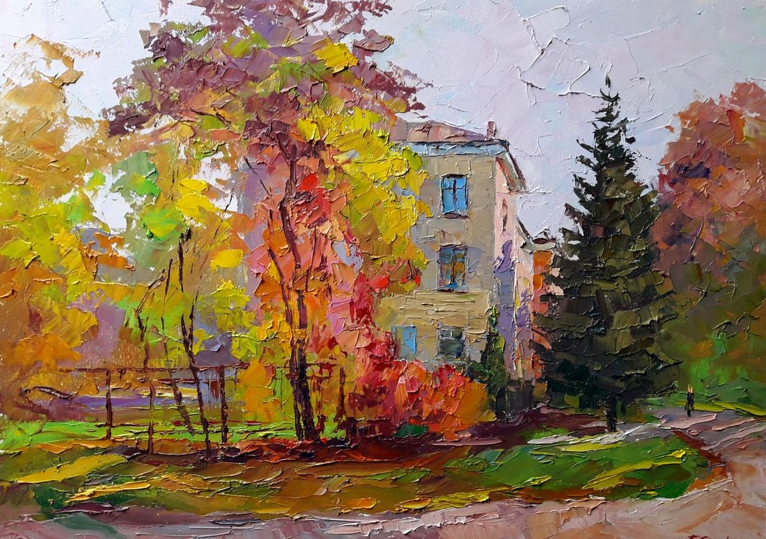 Oil painting Cityscape with autumn Boris Serdyuk: Title: Oil painting Cityscape with autumn Boris Serdyuk Description: No.SERB 1138The painting "Cityscape with Autumn" captures a serene urban scene bathed in the warm and vibrant colors of autumn. The