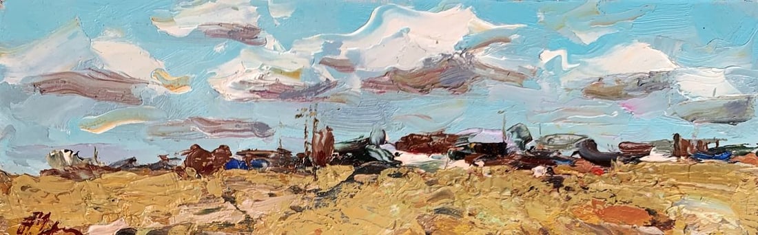 Oil painting In the field near the village Alexander Cherednichenko: Title: Oil painting In the field near the village Alexander Cherednichenko Description: No.AAA3290"In the Field Near the Village" is an evocative oil painting that beautifully captures the expansive,