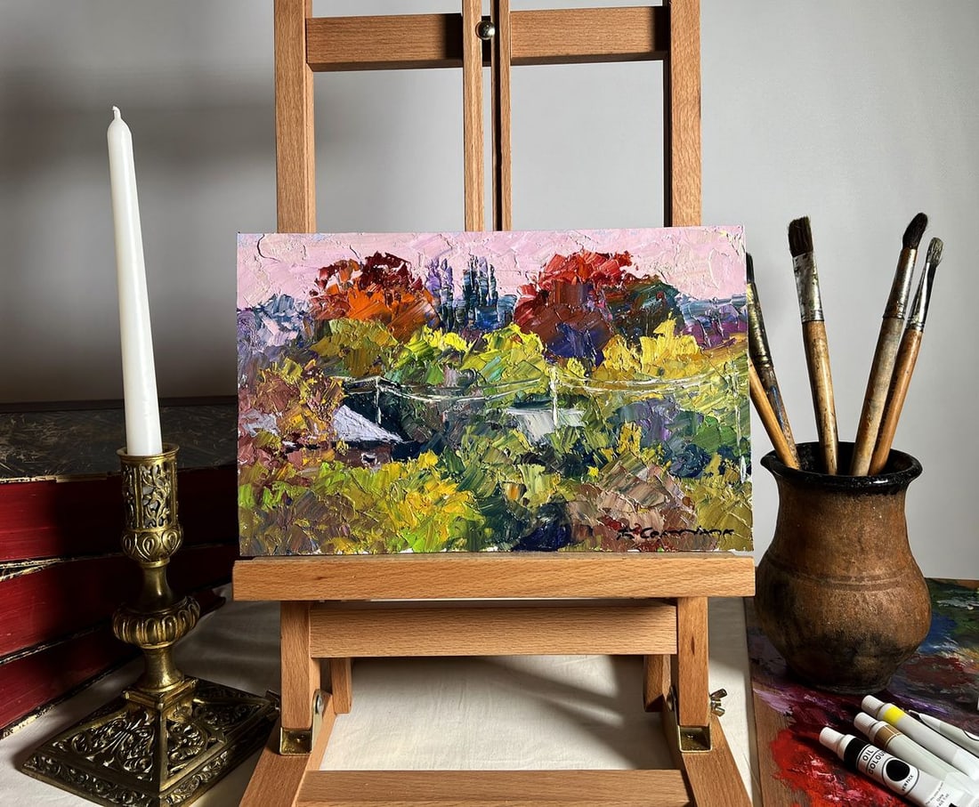 Oil painting Crimson Autumn Boris Serdyuk: Title: Oil painting Crimson Autumn Boris Serdyuk Description: No.AAA3680"Crimson Autumn" is a striking oil painting on cardboard that showcases the brilliance of autumn foliage in a rural setting. The