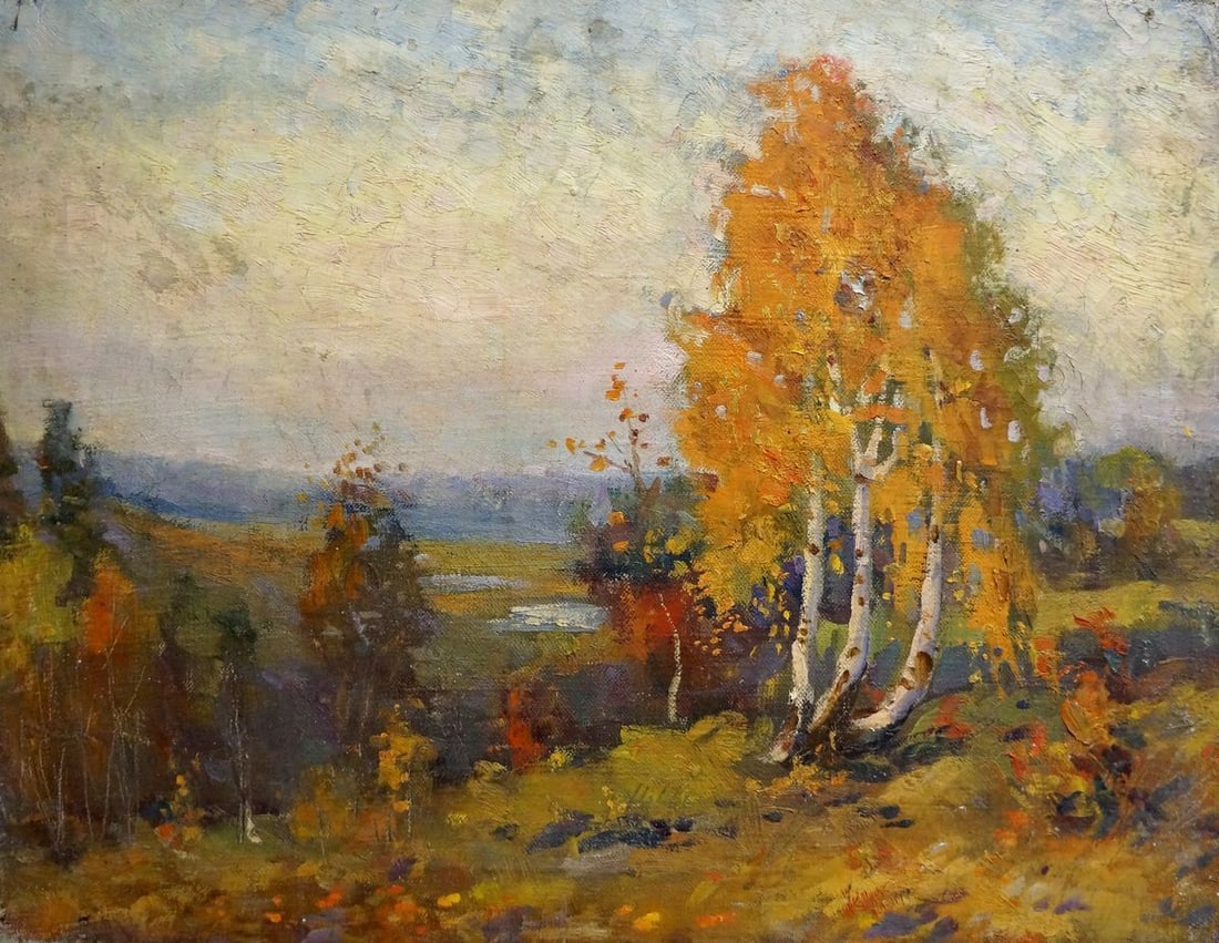 Oil painting Autumn Mynka Alexander Fedorovich: Title: Oil painting Autumn Mynka Alexander Fedorovich Description: No.Vern 1128 *** ABOUT THIS PAINTING *** * TITLE: "Autumn" * ARTISTS: Mynka Alexander Fedorovich * SIZE: 47x60 cm/'18.50x23.62