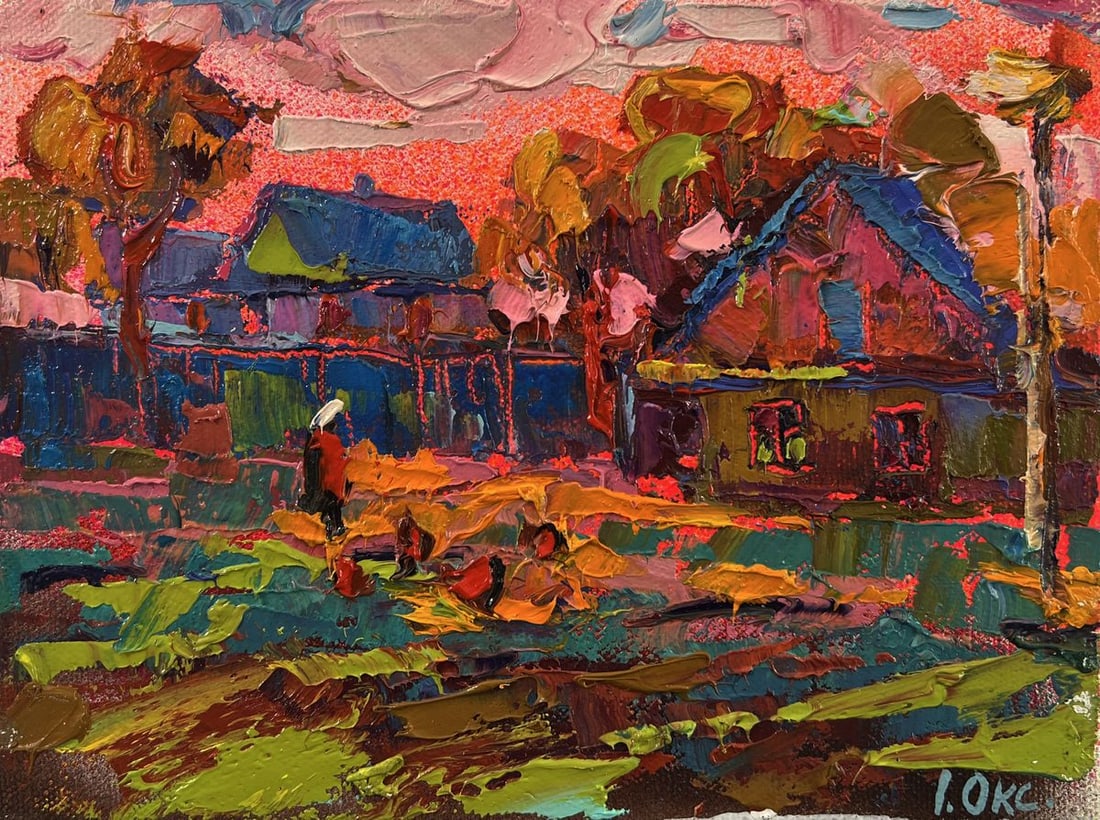 Oil painting Pink village evening Oksana Ivanyuk - 3