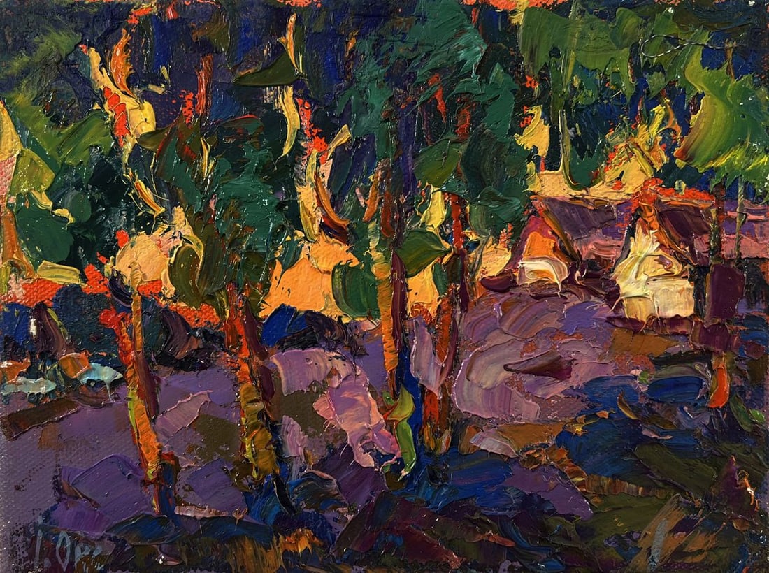 Oil painting Orange sunset behind the trees Oksana Ivanyuk - 3
