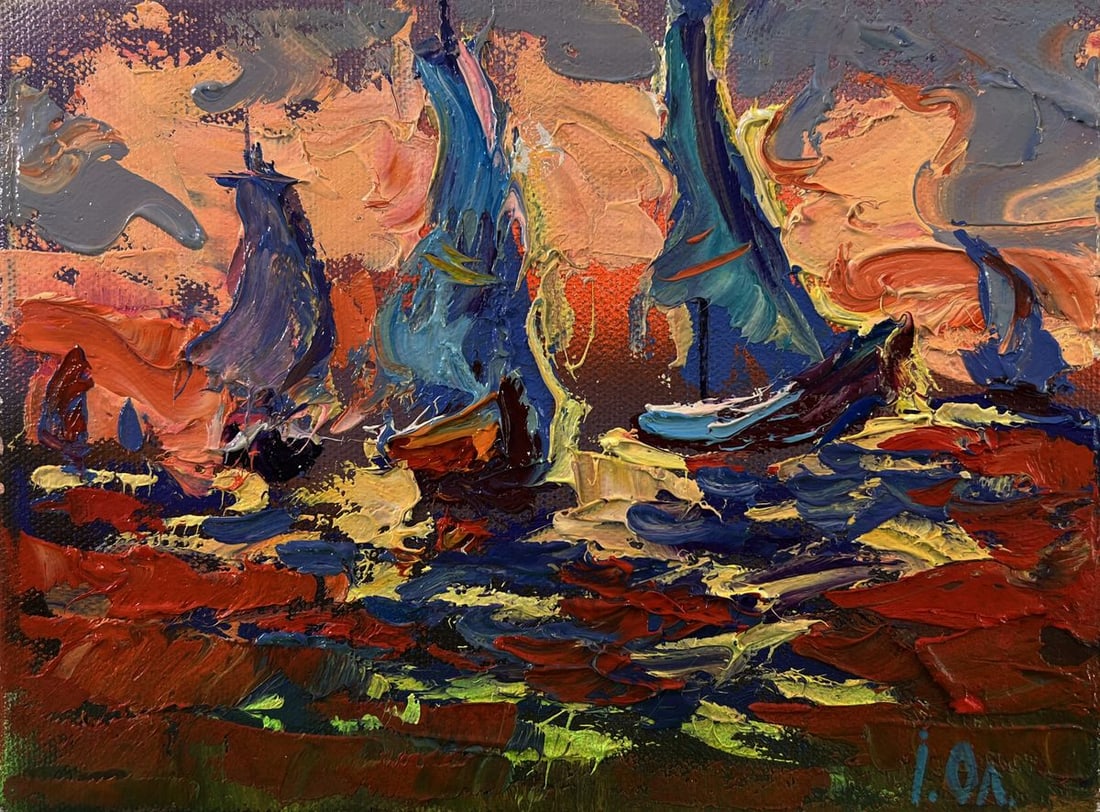 Oil painting Sailboats and orange sunset Oleksiy Ivanyuk - 3