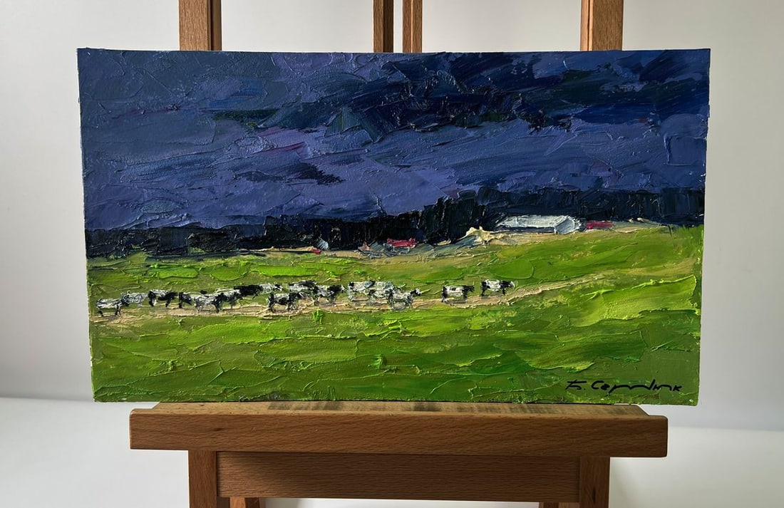 Oil painting Evening field Boris Serdyuk: Title: Oil painting Evening field Boris Serdyuk Description: No.AAA5729The Oil painting Cardboard titled "Evening field" conveys the dramatic beauty and tension of nature as daylight fades into night,