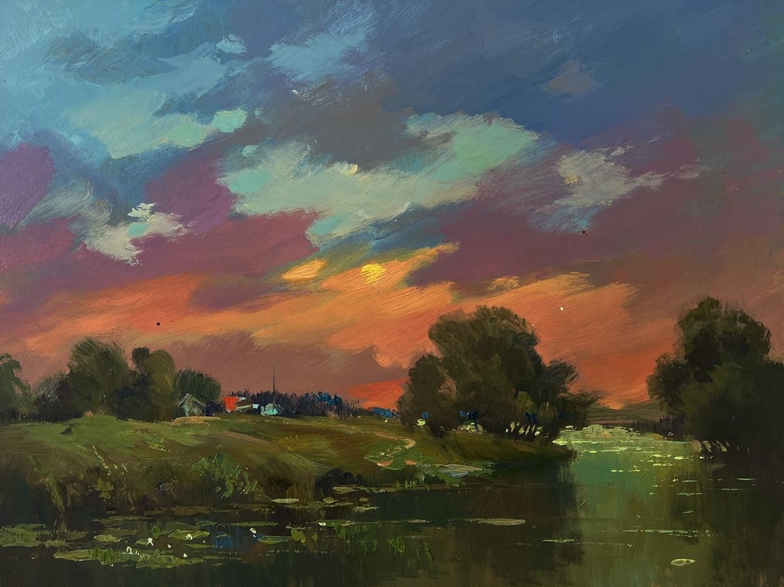 Oil painting Orange sunset over the river Yuriy Suprunchuk - 3