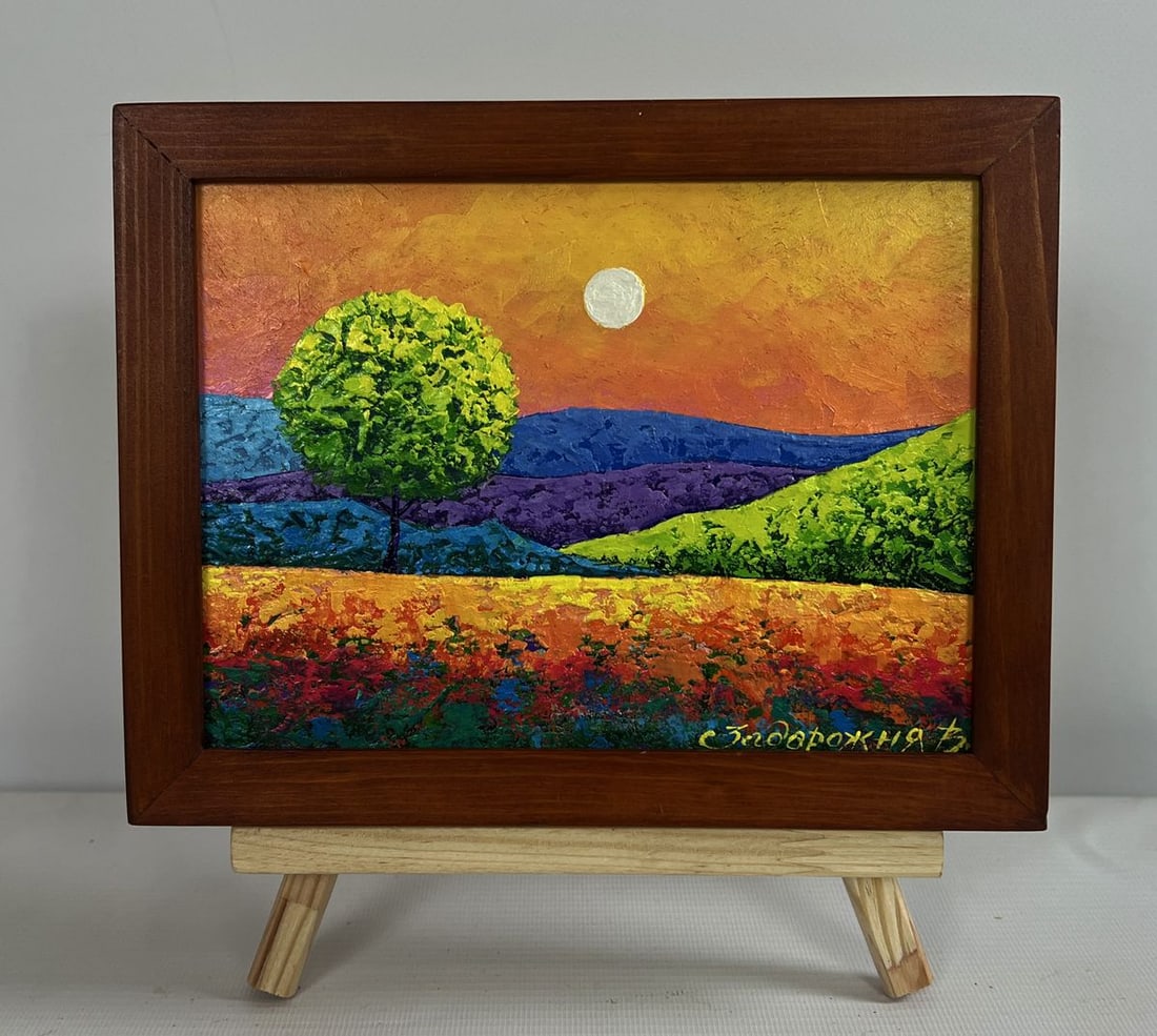 Oil painting Romantic flaming evening V. Zadorozhnya: Title: Oil painting Romantic flaming evening V. Zadorozhnya Description: No.AAA4671The oil painting on cardboard titled "Romantic Flaming Evening" captures the breathtaking beauty of nature’s most