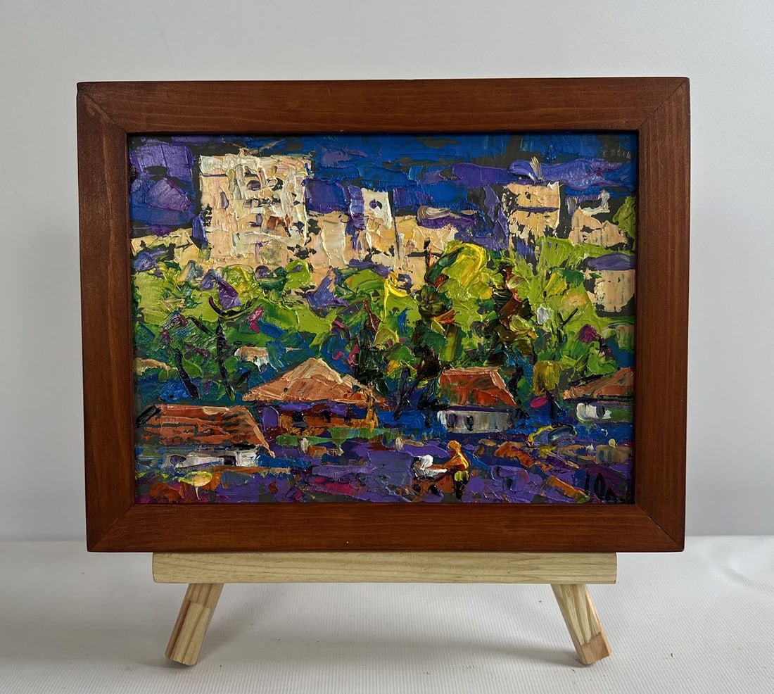Oil painting On the outskirts of the city Alex Kalenyuk: Title: Oil painting On the outskirts of the city Alex Kalenyuk Description: No.AAA4718The oil painting on cardboard titled "On the Outskirts of the City" captures a vivid contrast between the