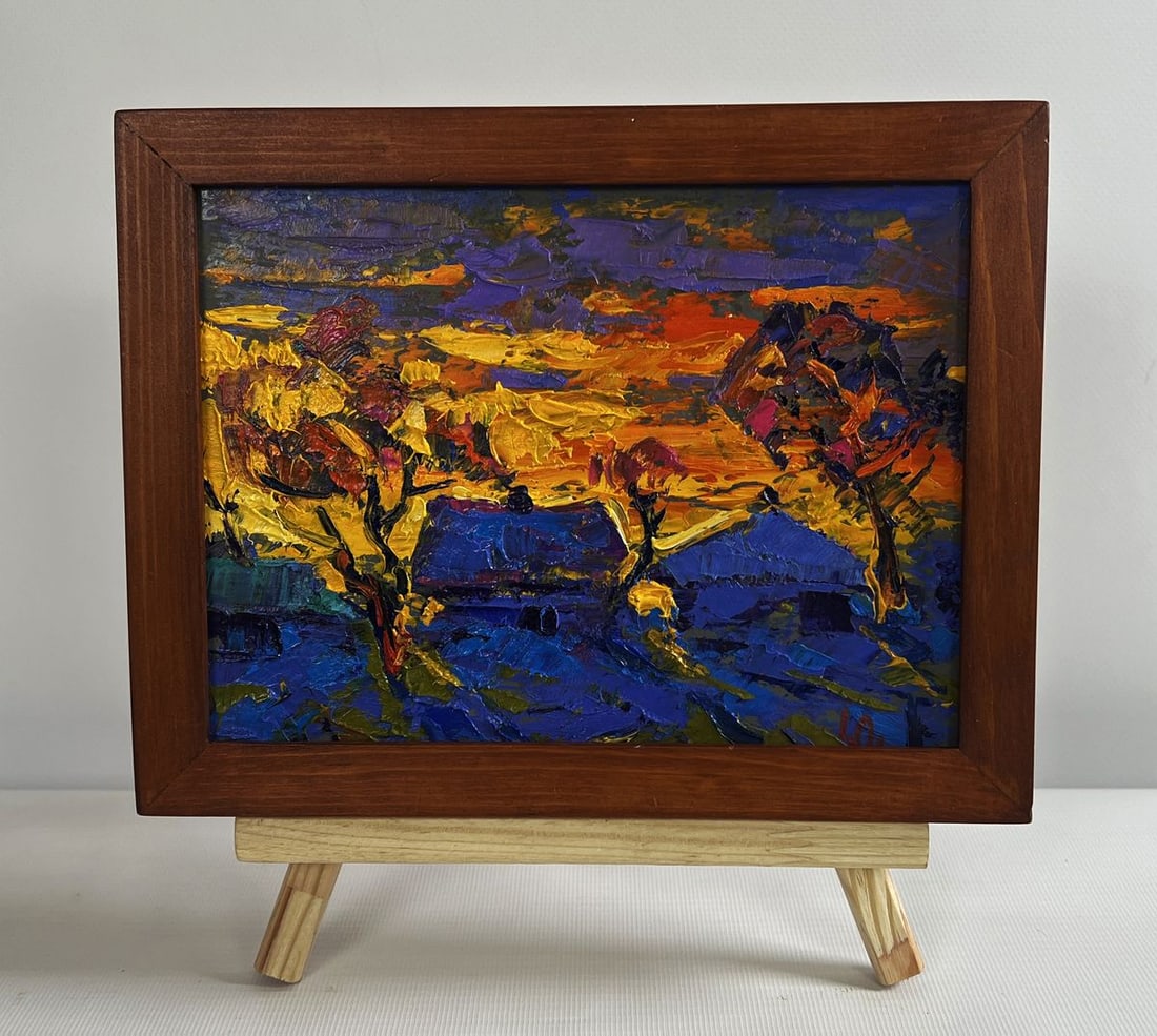 Oil painting A blazing evening in the village Alex Kalenyuk: Title: Oil painting A blazing evening in the village Alex Kalenyuk Description: No.AAA4744The oil painting on cardboard titled "A Blazing Evening in the Village" captures the dramatic and