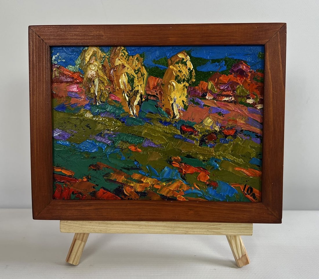 Oil painting Cattle grazing in autumn meadows Alex Kalenyuk: Title: Oil painting Cattle grazing in autumn meadows Alex Kalenyuk Description: No.AAA4754The oil painting on cardboard titled "Cattle Grazing in Autumn Meadows" captures the vibrant energy of an autu