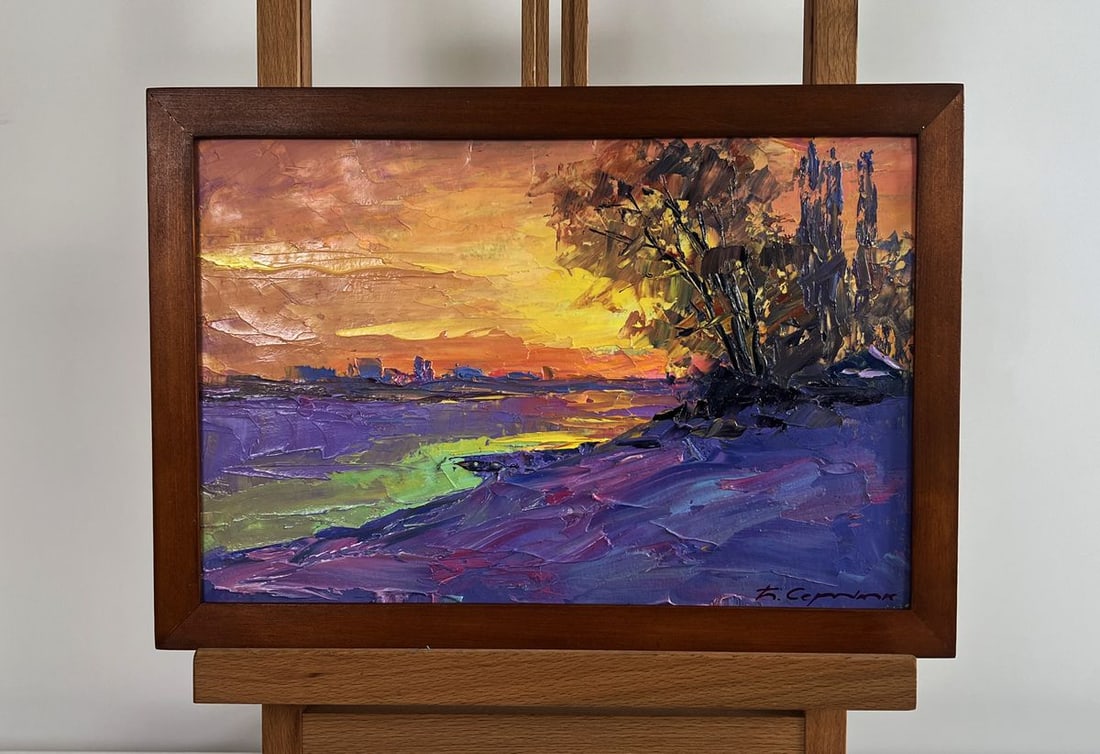 Oil painting The winter morning begins Boris Serdyuk: Title: Oil painting The winter morning begins Boris Serdyuk Description: No.AAA4760The oil painting on cardboard titled "The Winter Morning Begins" captures the serene and poetic essence of a new day