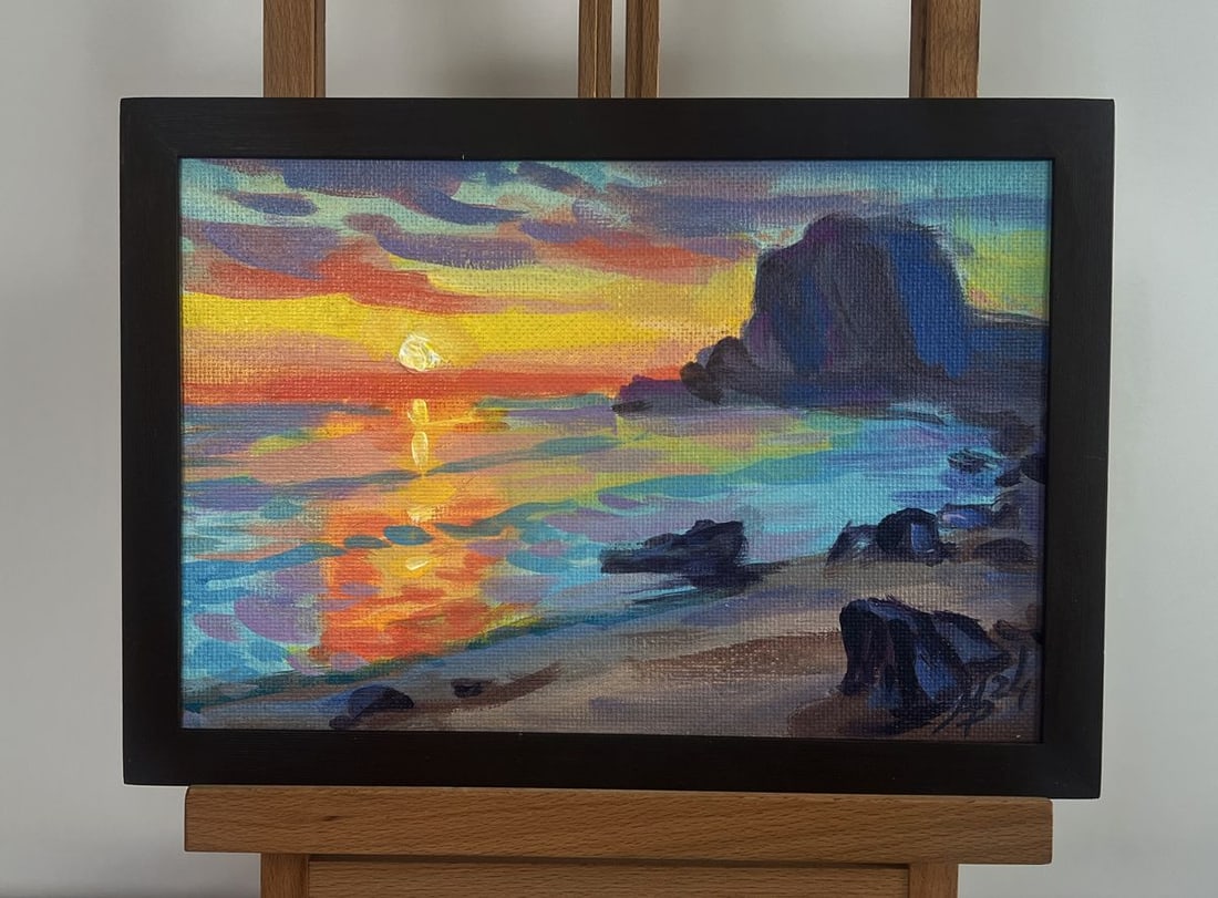 Acrylic painting Reflection of sunset in the sea Mykhailo Patskan: Title: Acrylic painting Reflection of sunset in the sea Mykhailo Patskan Description: No.AAA4797The acrylic painting on cardboard titled "Reflection of Sunset in the Sea" is a mesmerizing depiction