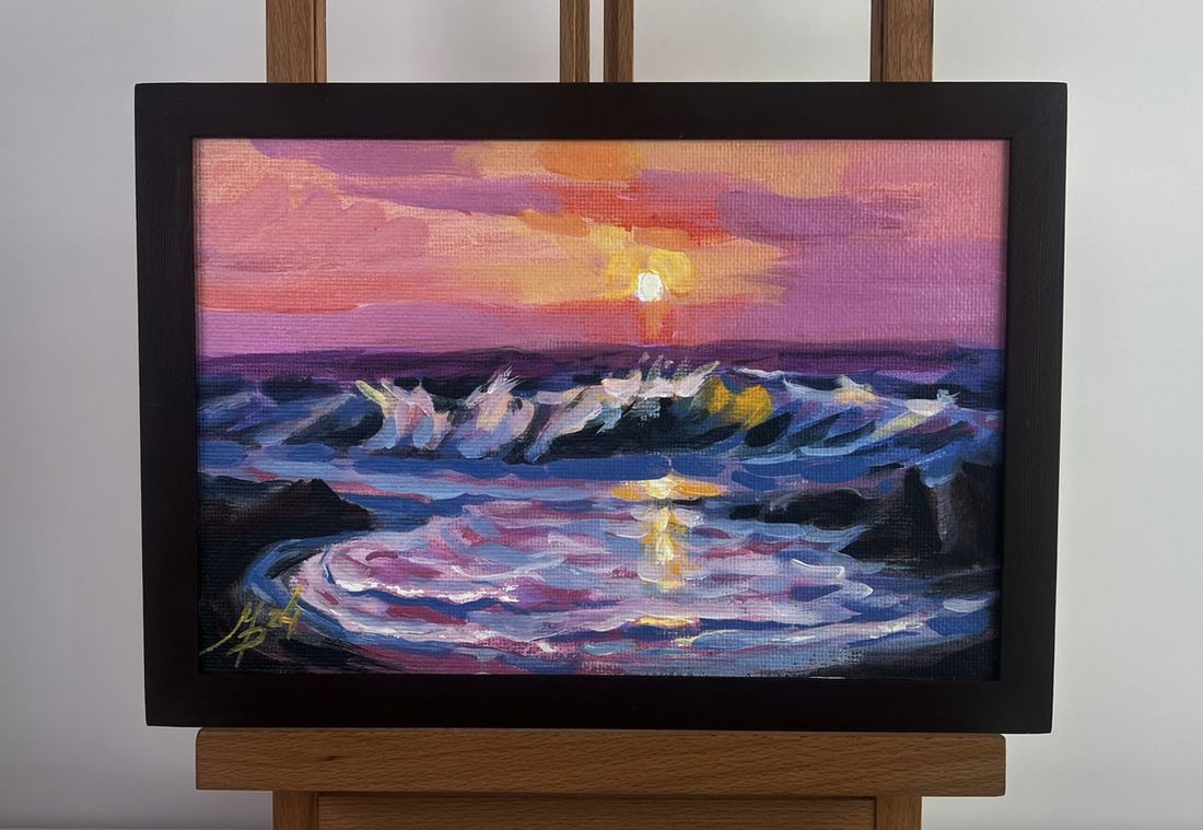 Acrylic painting Pink sunset at sea Mykhailo Patskan: Title: Acrylic painting Pink sunset at sea Mykhailo Patskan Description: No.AAA4802The acrylic painting on cardboard titled "Pink Sunset at Sea" is a mesmerizing depiction of the tranquil and dreamlik
