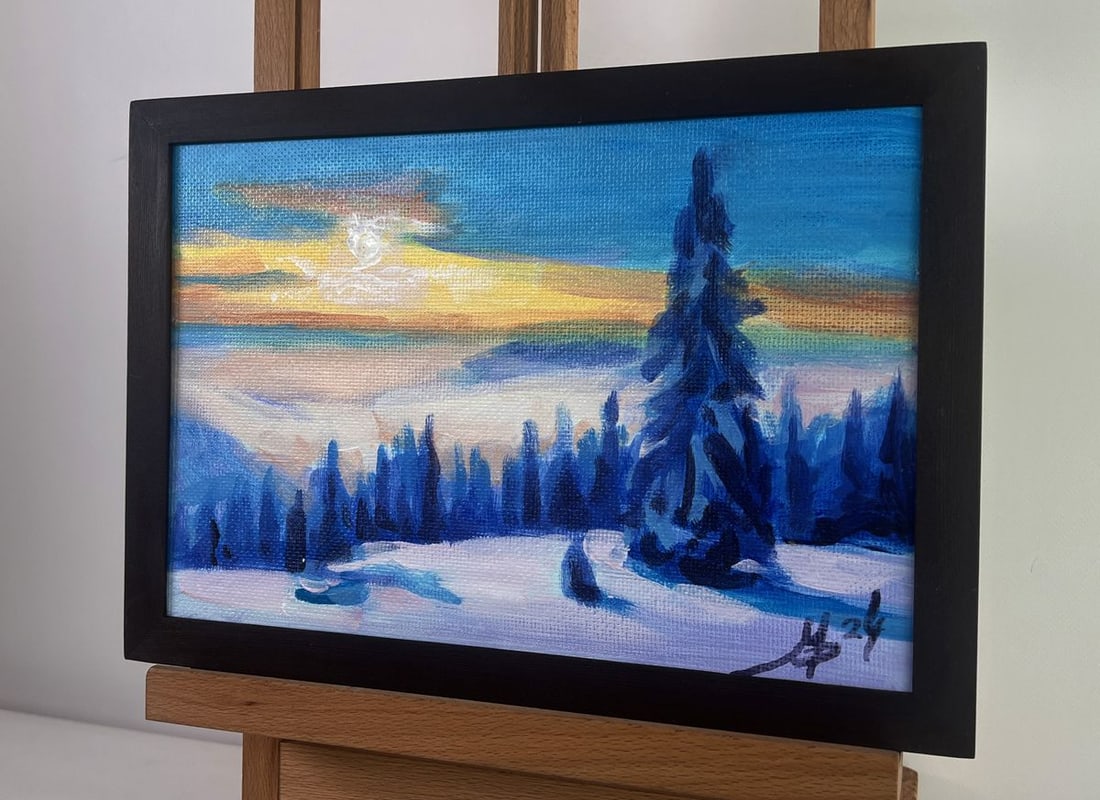 Acrylic painting Sunset over the winter forest Mykhailo Patskan - 2
