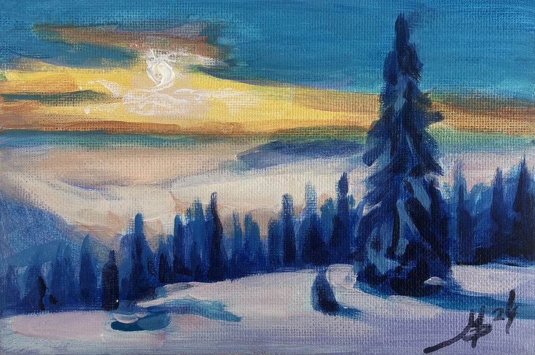 Acrylic painting Sunset over the winter forest Mykhailo Patskan - 3