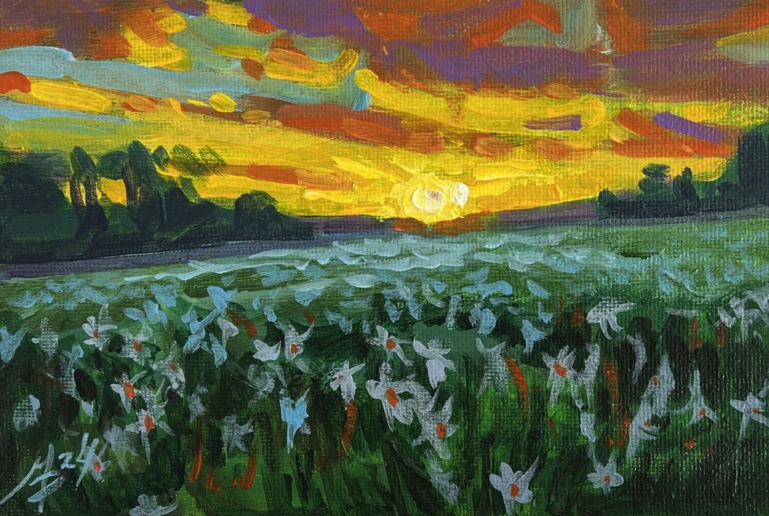Acrylic painting Chamomile field at sunset Mykhailo Patskan - 3