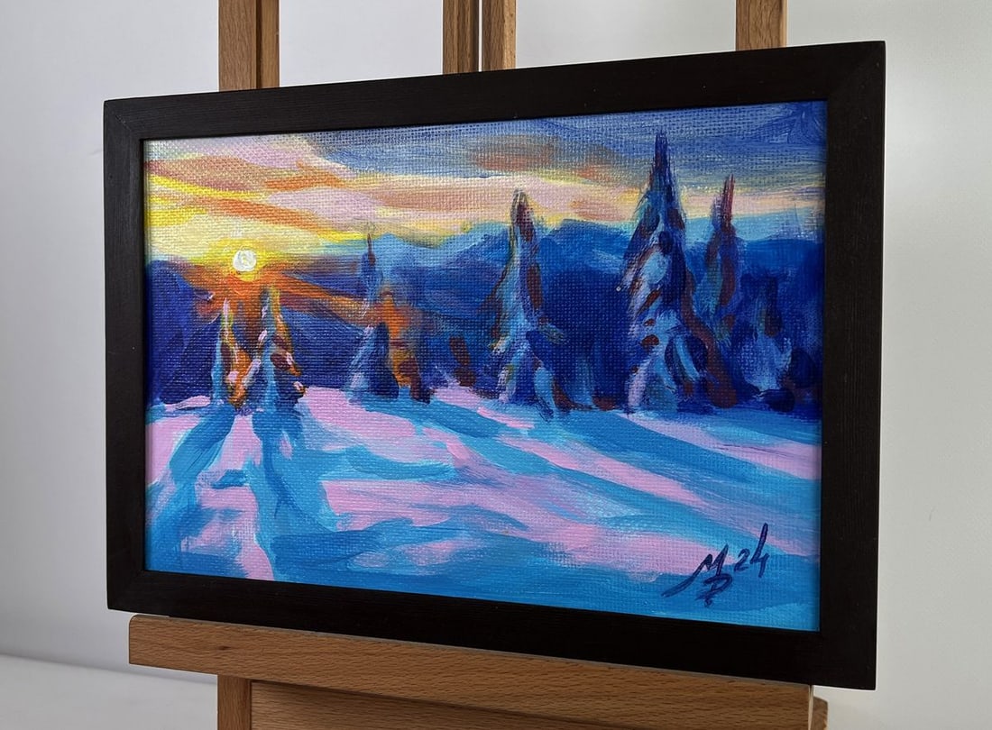Acrylic painting Winter orange sunset Mykhailo Patskan - 2