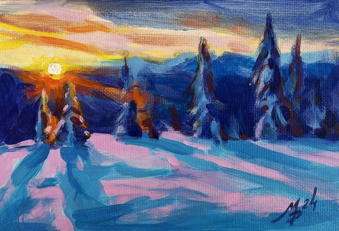 Acrylic painting Winter orange sunset Mykhailo Patskan - 3