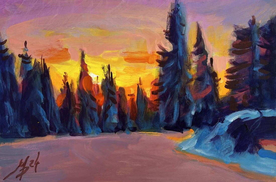 Acrylic painting Sunset behind the forest Mykhailo Patskan - 3