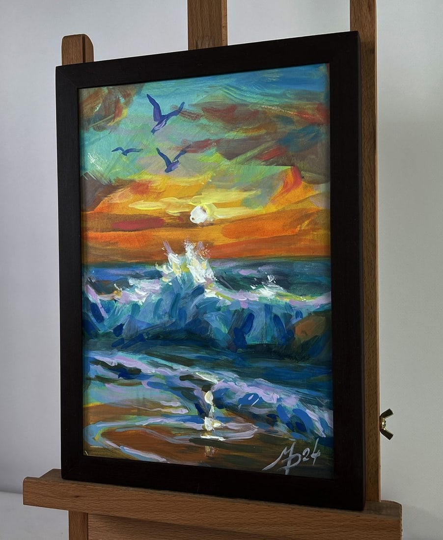 Acrylic painting Seagulls over the sea and sunset Mykhailo Patskan - 2