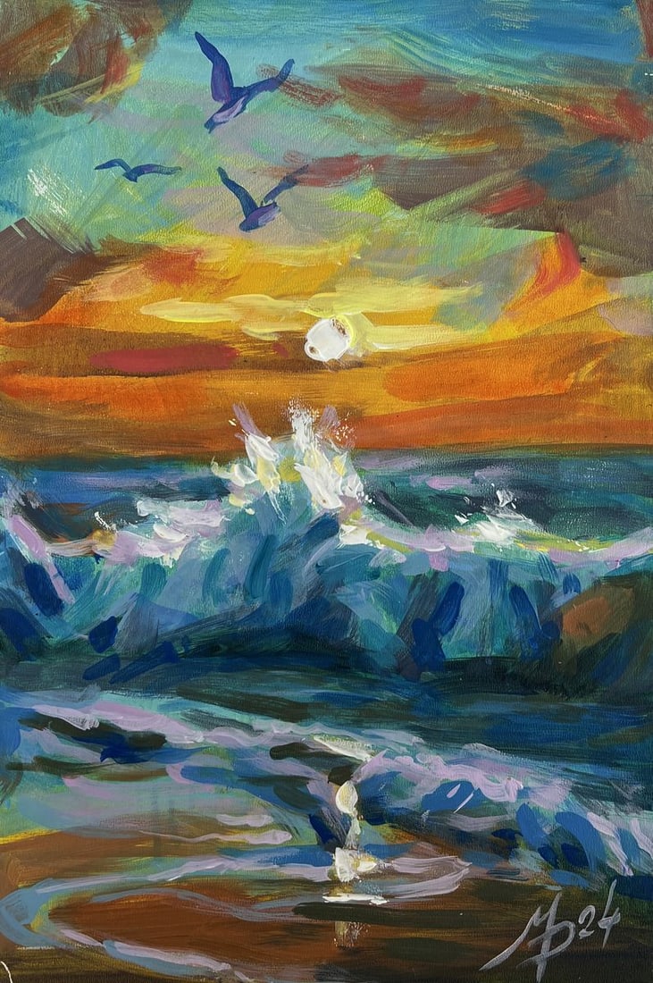 Acrylic painting Seagulls over the sea and sunset Mykhailo Patskan - 3
