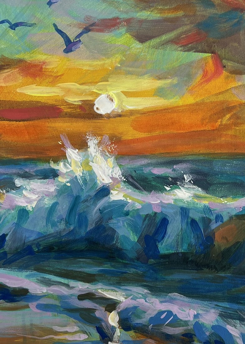 Acrylic painting Seagulls over the sea and sunset Mykhailo Patskan - 8