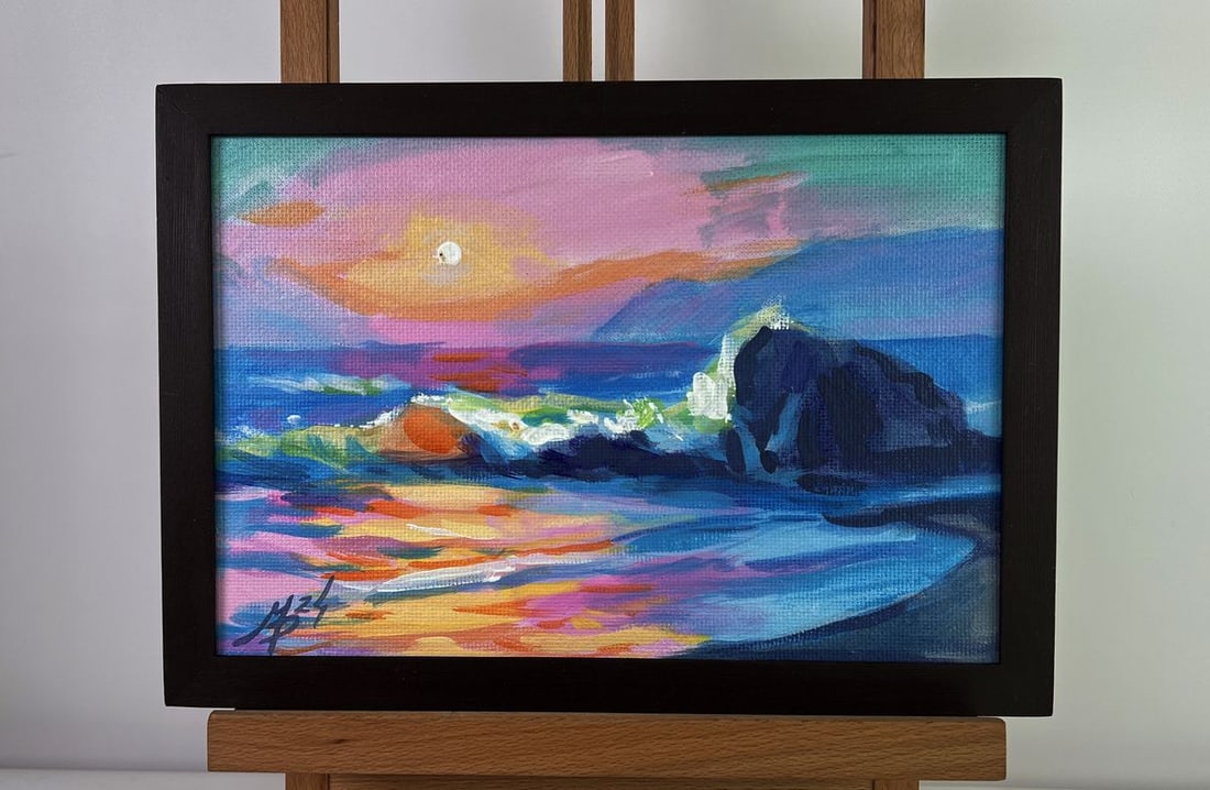 Acrylic painting Tenderness of pink sunset Mykhailo Patskan: Title: Acrylic painting Tenderness of pink sunset Mykhailo Patskan Description: No.AAA4838The acrylic painting on cardboard titled "Tenderness of Pink Sunset" captures a breathtaking seascape bathed i