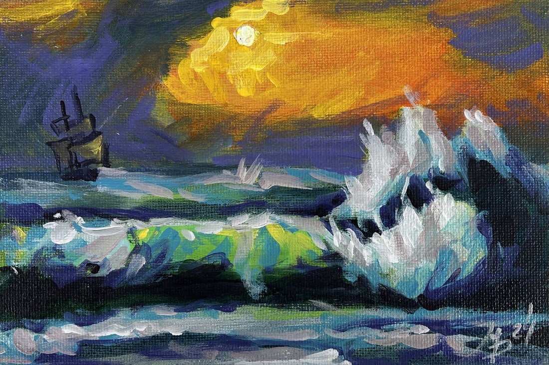 Acrylic painting Golden Sea Route into the Sunset Mykhailo Patskan - 3
