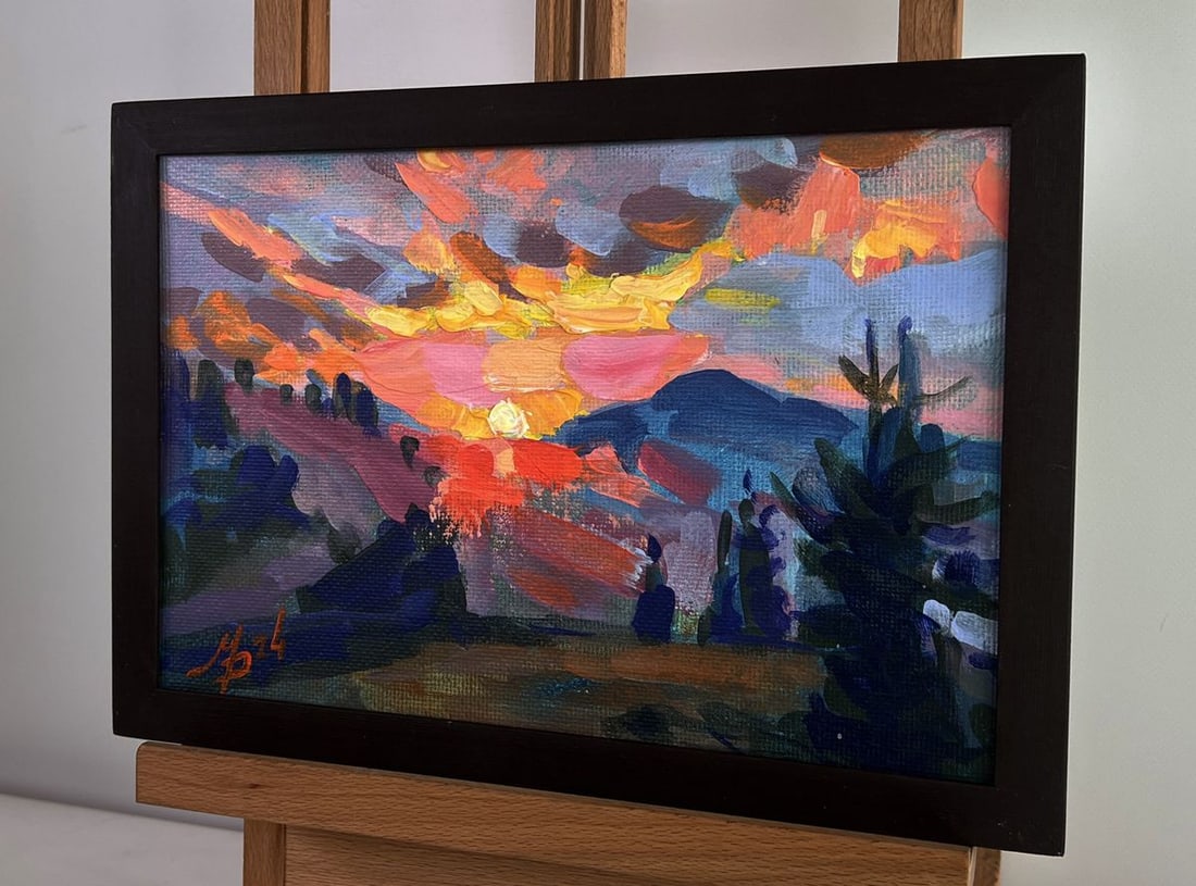 Acrylic painting Sunset haze over the mountains Mykhailo Patskan - 2