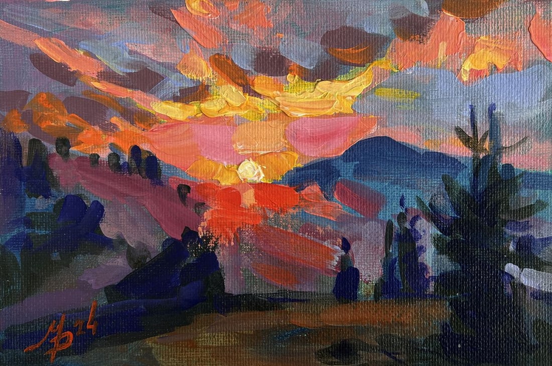 Acrylic painting Sunset haze over the mountains Mykhailo Patskan - 3
