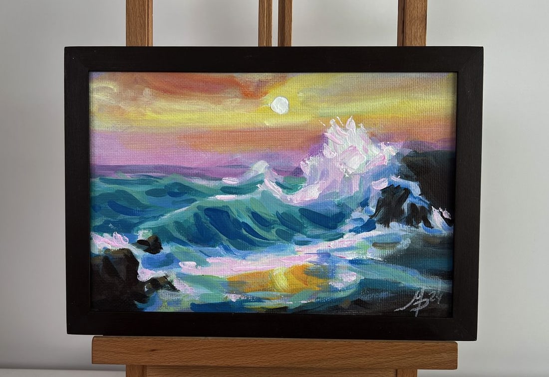 Acrylic painting Sunset waves crashing on the rocks Mykhailo Patskan (1 of 10)