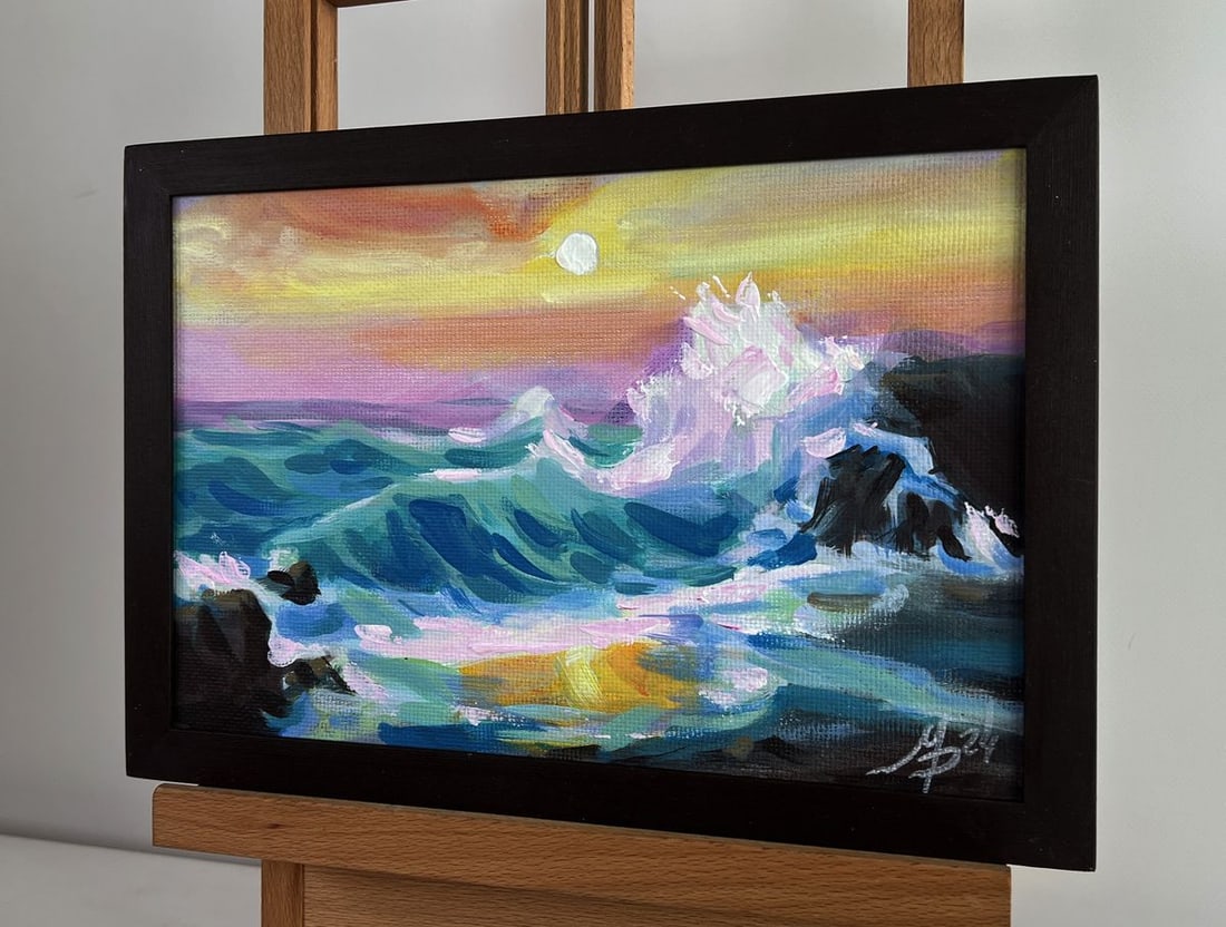 Acrylic painting Sunset waves crashing on the rocks Mykhailo Patskan - 2
