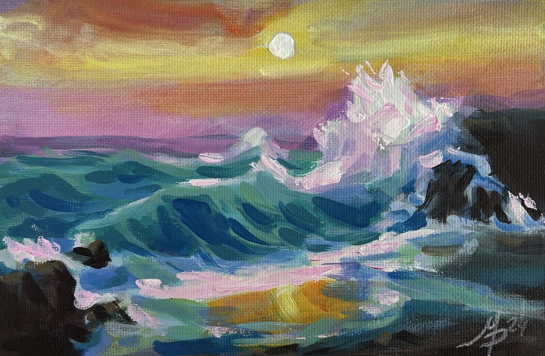 Acrylic painting Sunset waves crashing on the rocks Mykhailo Patskan - 3