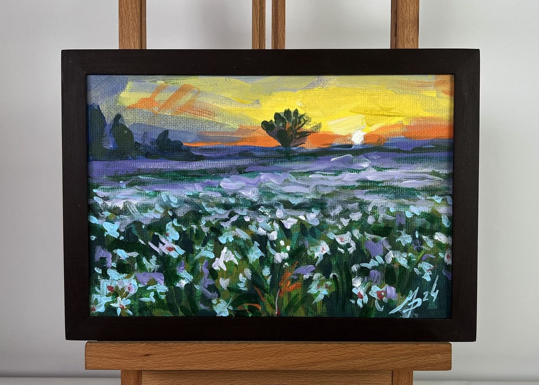 Acrylic painting Sunset and chamomile field Mykhailo Patskan: Title: Acrylic painting Sunset and chamomile field Mykhailo Patskan Description: No.AAA4873The acrylic painting on cardboard titled "Sunset and Chamomile Field" transports the viewer to a serene and