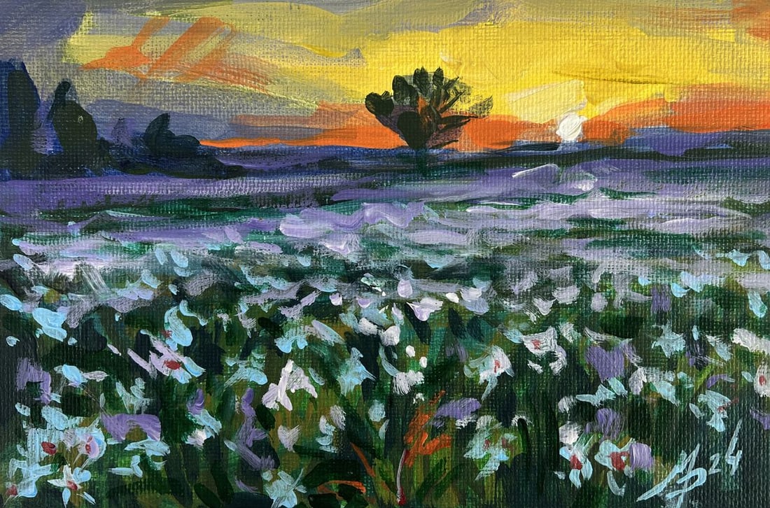 Acrylic painting Sunset and chamomile field Mykhailo Patskan - 3