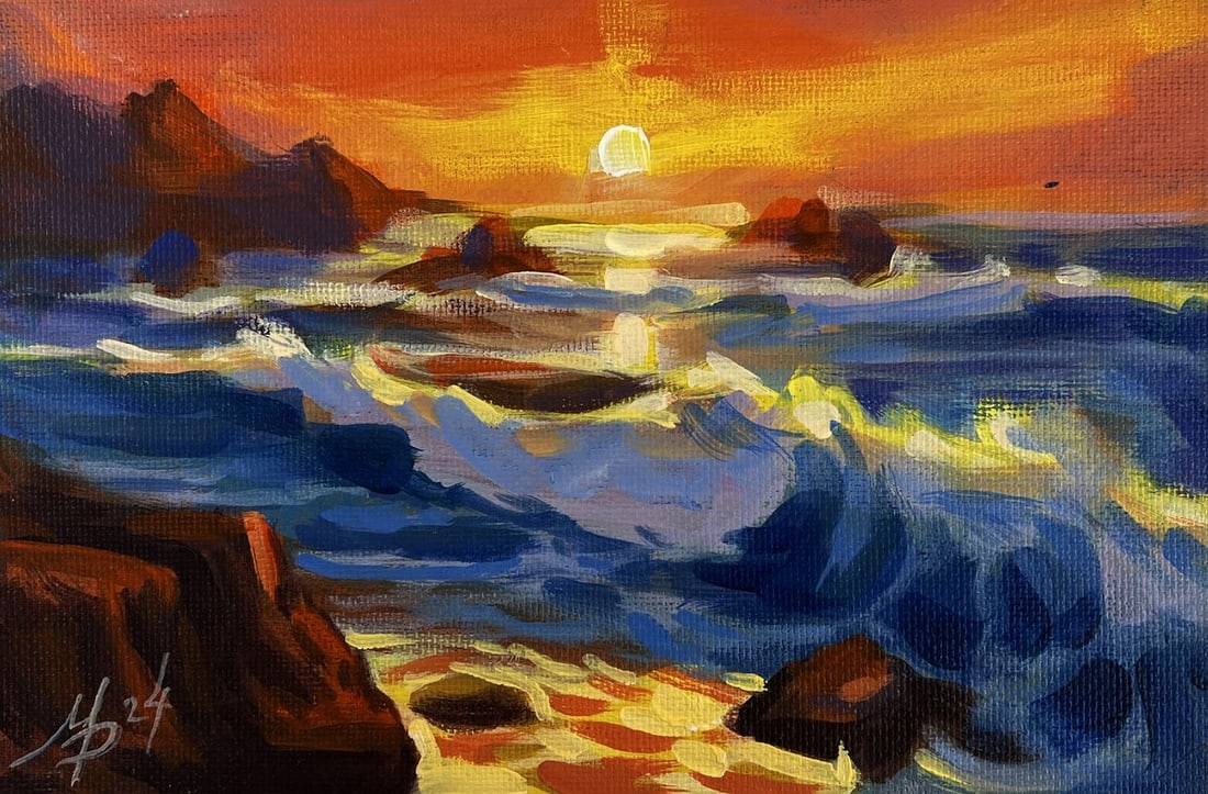 Acrylic painting Romantic sunset with sea waves Mykhailo Patskan - 3