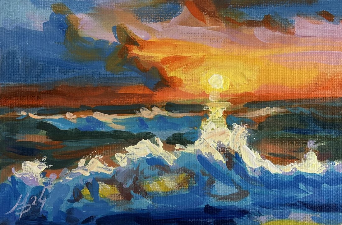 Acrylic painting Yellow sunset at sea Mykhailo Patskan - 3