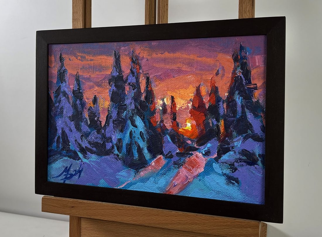 Acrylic painting Red sunset in the winter forest Mykhailo Patskan - 2