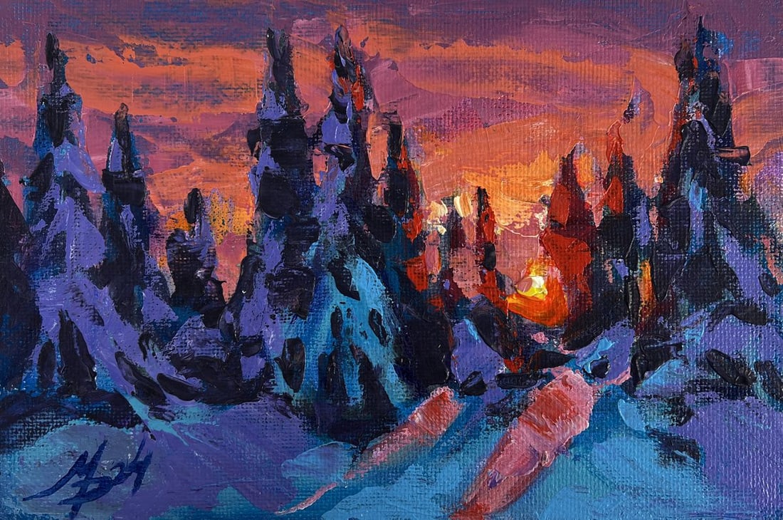 Acrylic painting Red sunset in the winter forest Mykhailo Patskan - 3