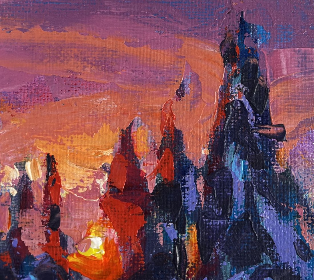 Acrylic painting Red sunset in the winter forest Mykhailo Patskan - 4