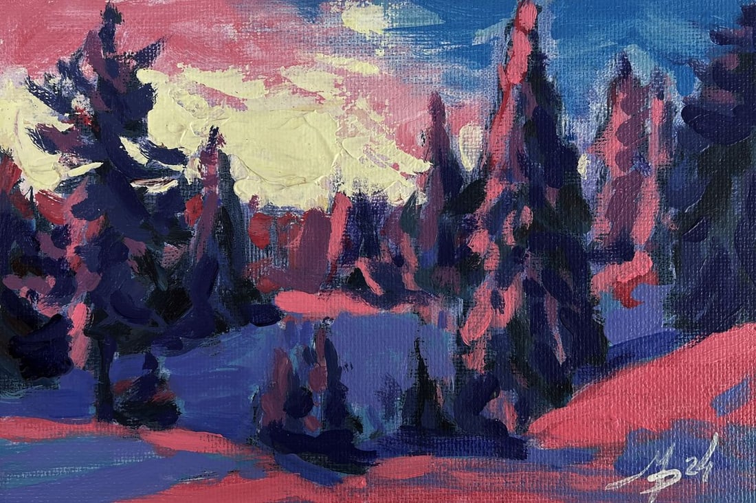 Acrylic painting Pink winter sunset Mykhailo Patskan - 3