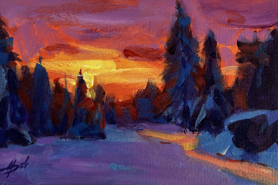 Acrylic painting Orange twilight in the forest Mykhailo Patskan - 3